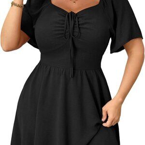Women Plus Size Summer Dress Short Sleeve Tie Front A-Line Casual Mini